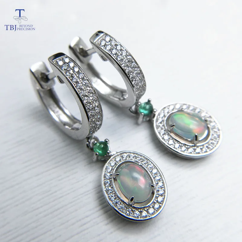 

TBJ,2019 new classic clasp earring with natural opal and green emerald gemstone jewelry in 925 sterling silver for anniversary