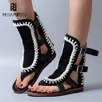 

Prova Perfetto Black Suede Buckle Strap Women Sandals Summer Beach Shoes Woman Flip Flops Hollow Out Weave Flat Sandalias Mujer