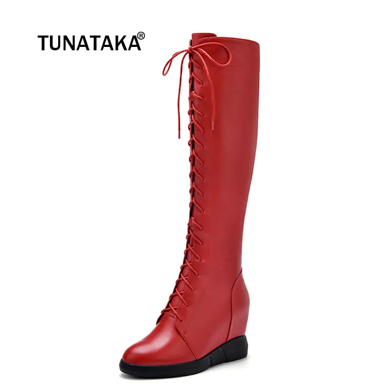 

Ladies Genuine Leather Comfort Height Increasing Knee High Boots Fashion Zipper Pointed Toe Winter Women Shoes Black Red
