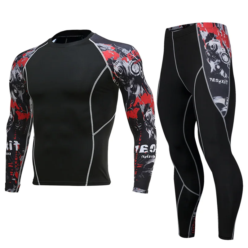 

High Quality Men Compression Set Wolf Totem Printing Men's Tight T Shirt +Pant Quick Dry Suit Joggers Clothes Gyms Fitness Sets