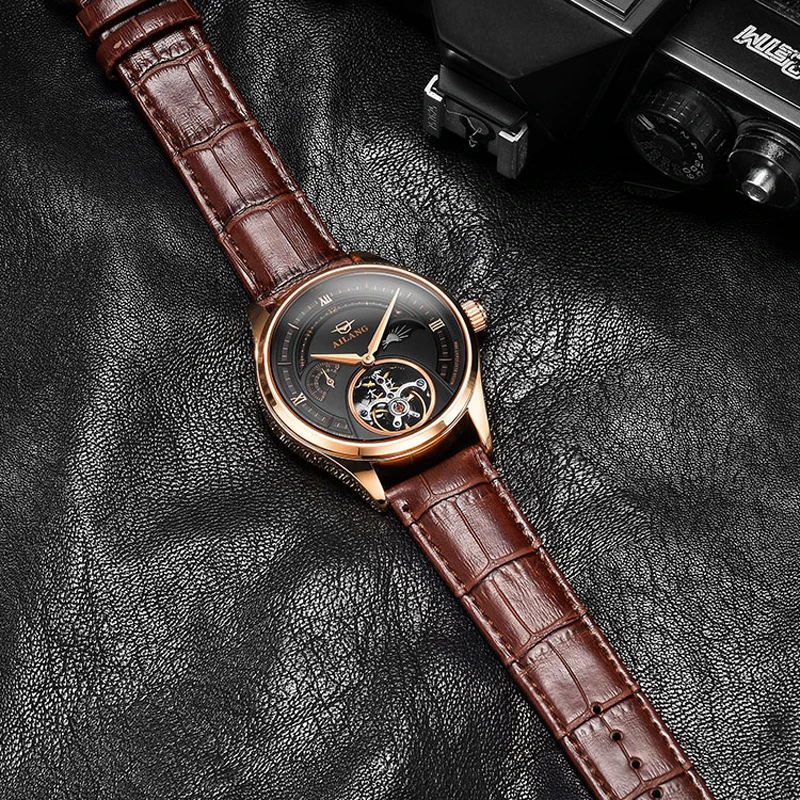 Новые автоматические механические часы мужские часы лучший бренд класса люкс Сапфир Натуральная кожа турбийон полый механизм