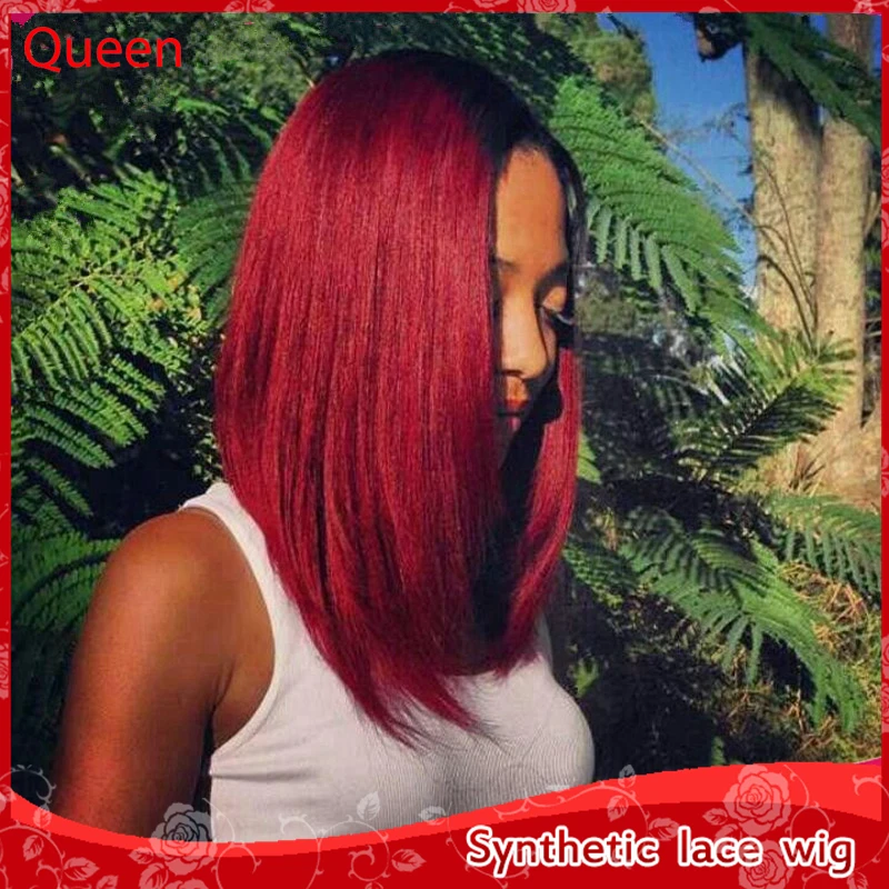 

New Sale Glueless Synthetic lace front wig ombre black/red bob straight hair heat resistant quality cheap wigs for black women