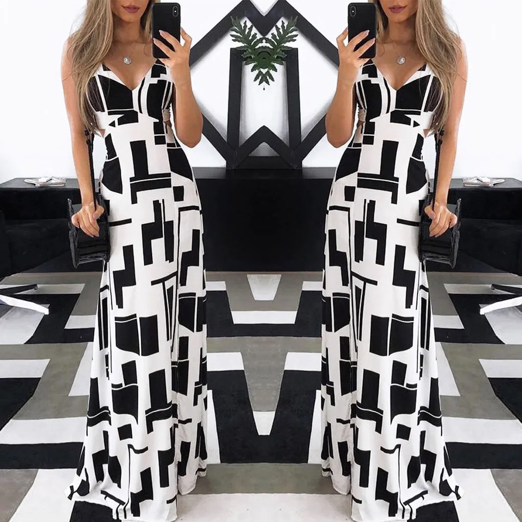 

2019 elegant dresses Women's Casual Printed Long Party dress V Neck Sleeveless Wedding Guest maxi sexy Dress vestidos