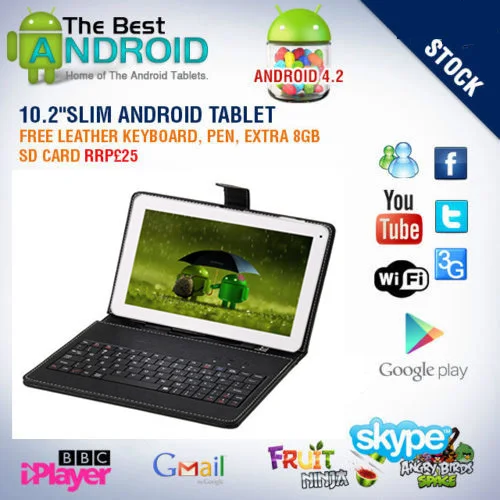 

Free Shipping BoDa 16GB Tablet Pc 10.1 Inch Google Android 4.2 Touch Dual Camera1GB RAM HDMI Pad Keyboard Case Bundle 8G Card