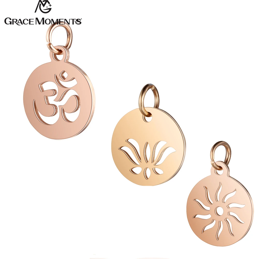 

5pcs/Lot 316L Stainless Steel Charms Rose Gold Color Hollow OM Yoga Lotus Sun Charm Pendants for Jewelry Making DIY Handmade