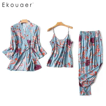 

Ekouaer 3PCS Sleepwear Set Women Silk Satin Summer Pajamas Soft Long Sleeve Floral Loose Pajama Kimono Robe Homewear Sets
