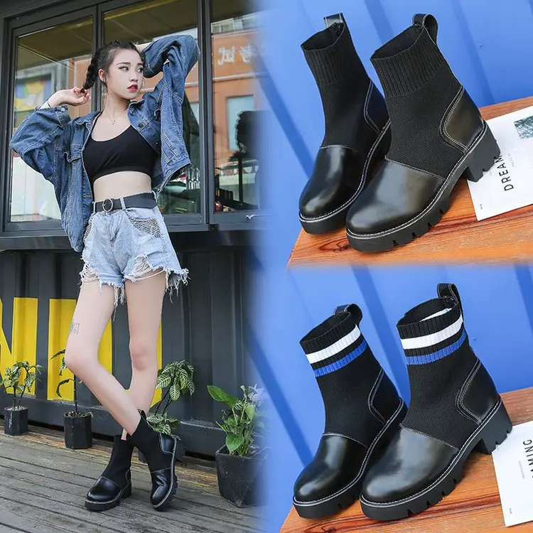 

Ankle Round Toe Fashion PU Women Chelsea Boots Med Square Heel Slip-On Vintage Motorcycle Boots Sewing Solid Winter Shoes