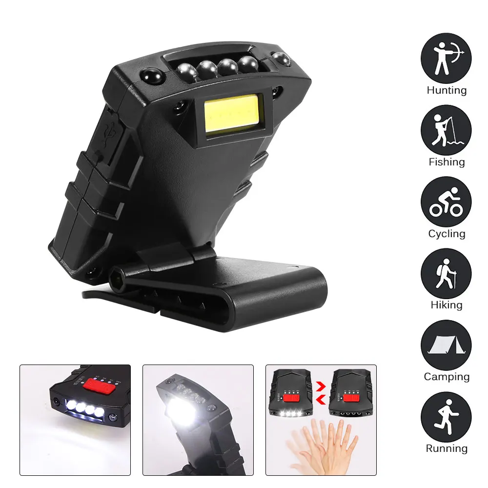 USB Rechargeable Lightweight Sensor Cap Light Mini LED Headlamps Flashlight Waterproof Portable Fishing Camping Lighting