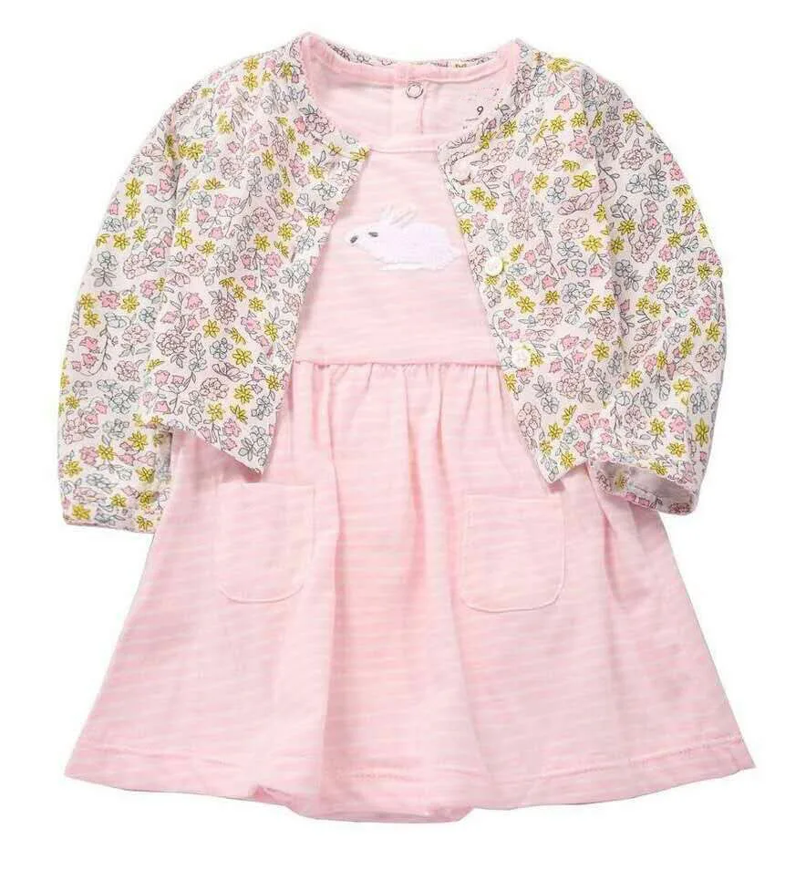 Платье для маленьких девочек, комплект 2 шт., размер от 6 до 24 месяцев кардиган с длинными рукавами+ короткие боди платье Милая одежда с цветочным принтом для новорожденных, Одежда для девочек оптом