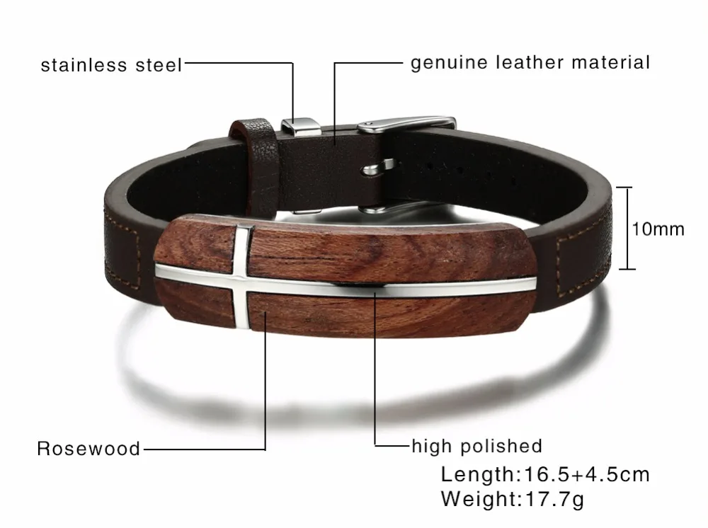 Mens Genuine leather bracelet in Brown Rosewood Cross Inlay Tag Adjustable Wristband Stainless Steel Buckle Men Jewelry  Pulseira Braslet Masculina Bracciale Pulseras Hombre bileklik 13