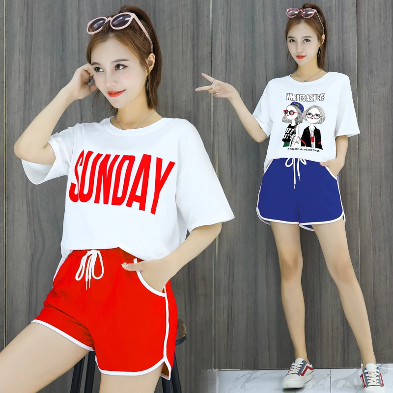 

2019 New Summer 2 Piece Set Women O-Neck Pockets Letter Print Plus Size Loose Casual Fashion student Clothing Suit Female HD289