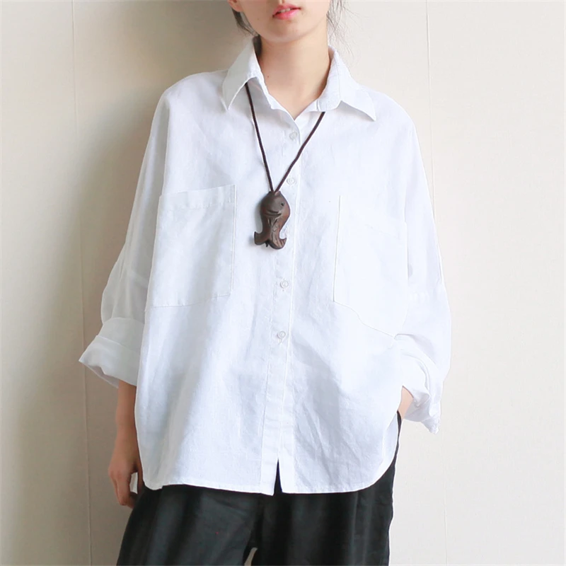 

Johnature Women Summer 2019 New Vintage Shirts Cotton Linen Breathable Comfortably Solid Turn-down Collar Loose Blouse