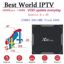 X96 MAX Android 8,1 tv BOX 5400+ Live and vod скандинавские Скандинавии Европа Швеция Норвегия Финляндия Дания IP tv M3u tv IP Enigma2