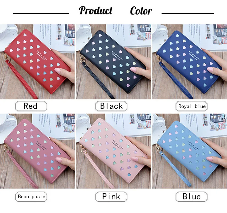 Leather women's wallet New cute Love color hollow large capacity Purses women Solid color purses Long Love zipper female wallet