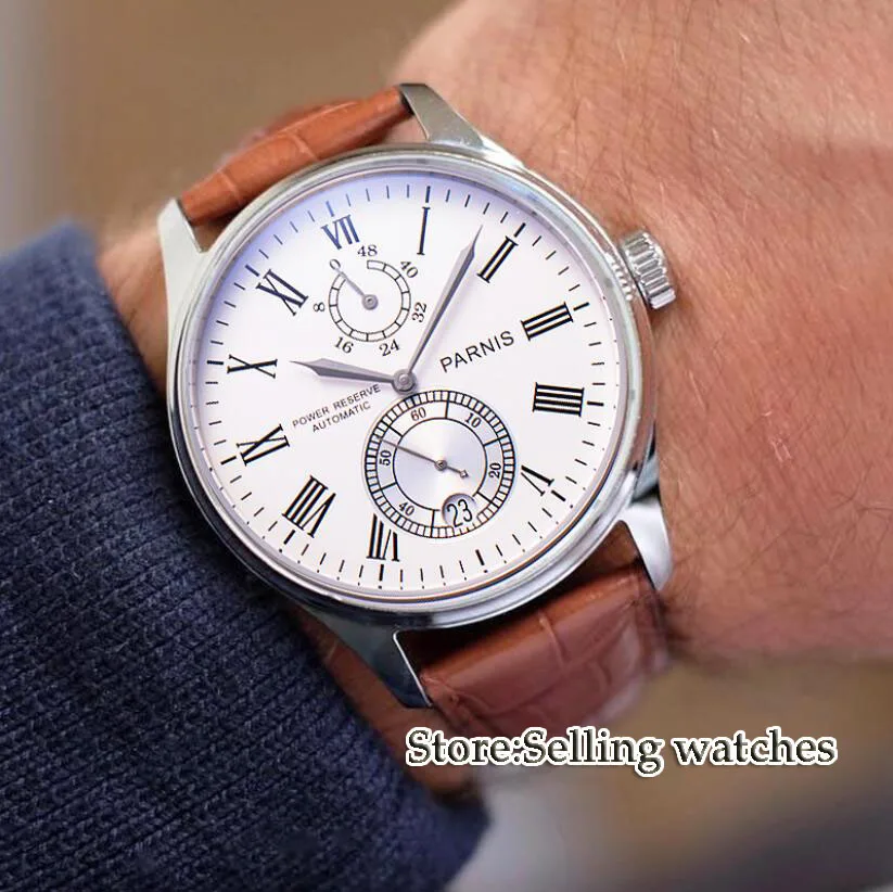 

43mm Parnis Casual Automatic Power Reserve Mechanical Watches with Black Brown Leather Strap Stylish Men Watch