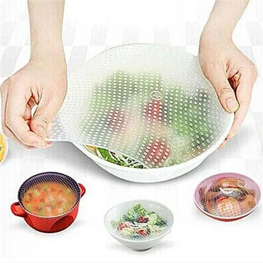 

4Pcs/Lot Clear Reusable Silicone Food Wraps Seal Cover Stretch Multifunctional Food Fresh Keeping Saran Wrap Kitchen Tools [3]