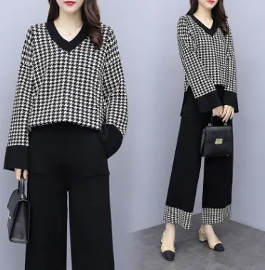 Houndstooth 2 Piece Set Women Long Sleeve V-neck Knitted Sweater And Wide Leg Pants Trousers Sets Suits Autumn Winter Casual Set Houndstooth 2 Piece Set Women Long Sleeve V-neck Knitted Sweater And Wide Leg Pants Trousers Sets Suits Autumn Winter Casual Set