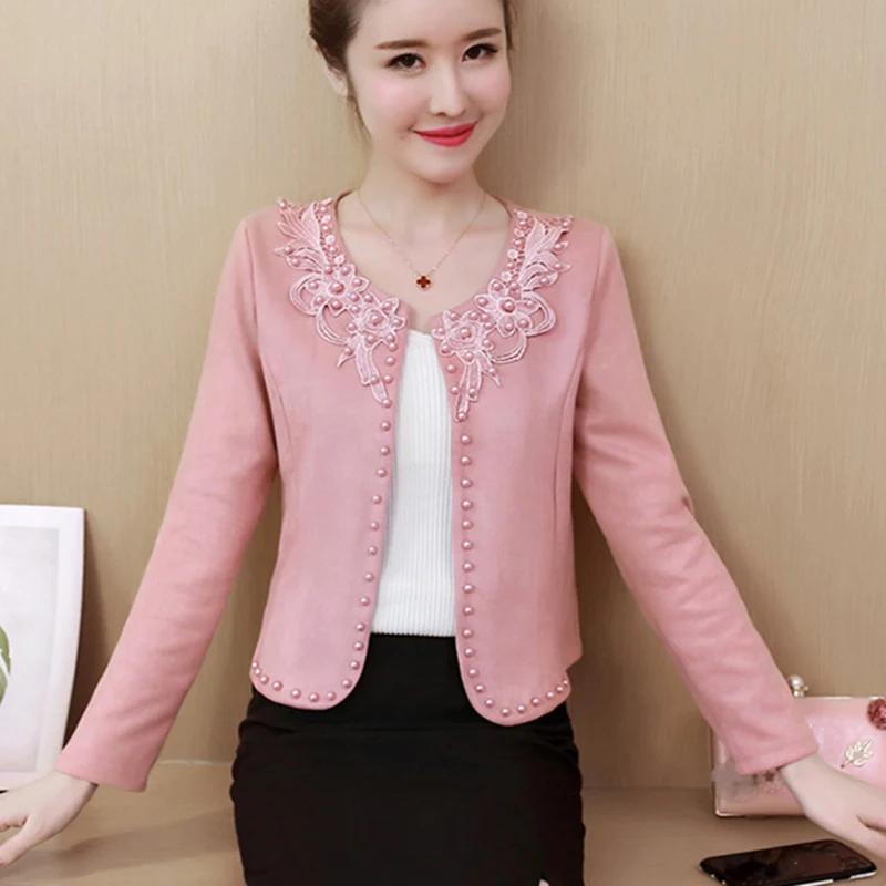 

Spring Autumn Short Jacket Women Plus Size 4XL Pink Basic Jackets Beading Womens Thin Coats Long Sleeve Embroidery Outwear 2019