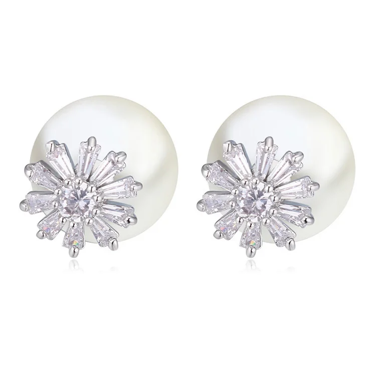 Flower Diamond Earrings Promotion For Promotional Double Sided Pearl Cubic Zirconia Earrings For Women Sun Flower Shaped Brilliant Cut Sparkling Cz Diamonds Earring 21263