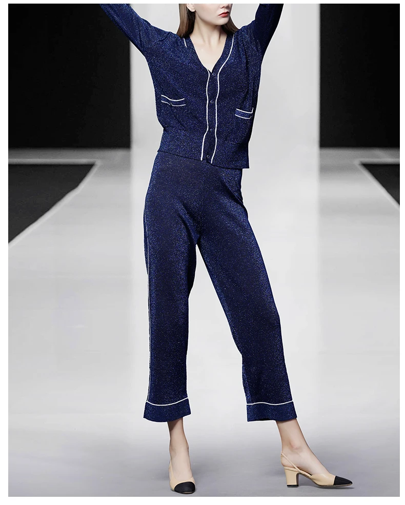 

Women Runway Autumn Winter Warm gold lurex Knitted Top Tracksuit 2 Piece Set Women Hit Color Stripe Wide Leg Sweat Suit Clothing