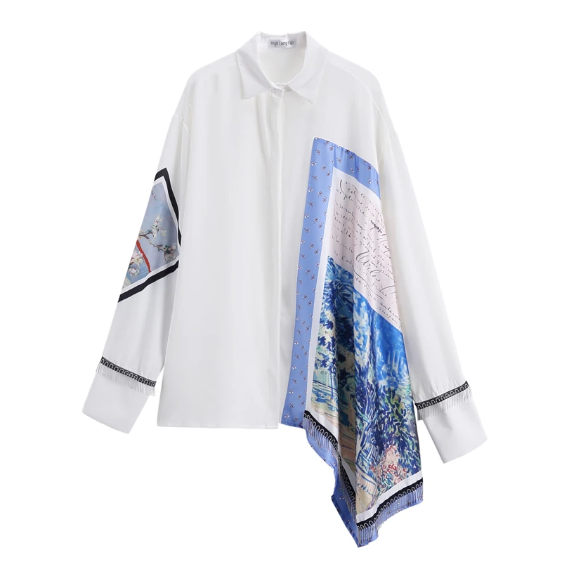 

Korean 2019 Spring Elegant Women Shirts Printing Unsymmetrical Loose Shirt Women's Spring Shirt Casual Full Patchwork