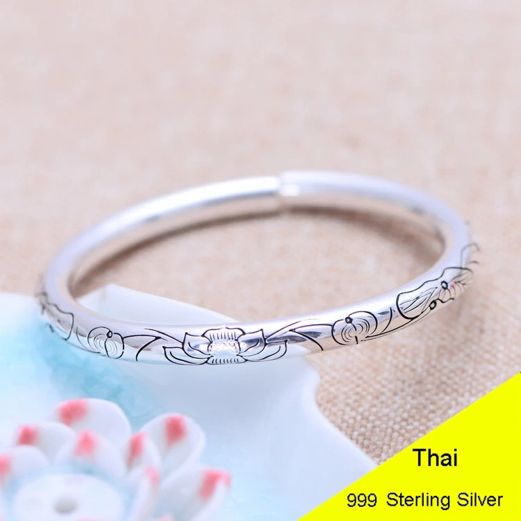 100% Genuine 999 Sterling Silver Open Bangle Lotus Leaf Women Thai Silver Fine Jewelry Gift CH053522 100% Genuine 999 Sterling Silver Open Bangle Lotus Leaf Women Thai Silver Fine Jewelry Gift CH053522