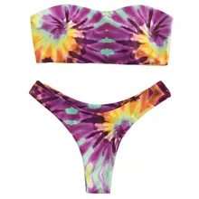 ZAFUL Women Tie Dye Bandeau Bikini Set Strapless High Cut Bikini Lady Sexy Swimwear Summer Beach Print Swimsuit Bathing Suit jungle print self tie bikini set