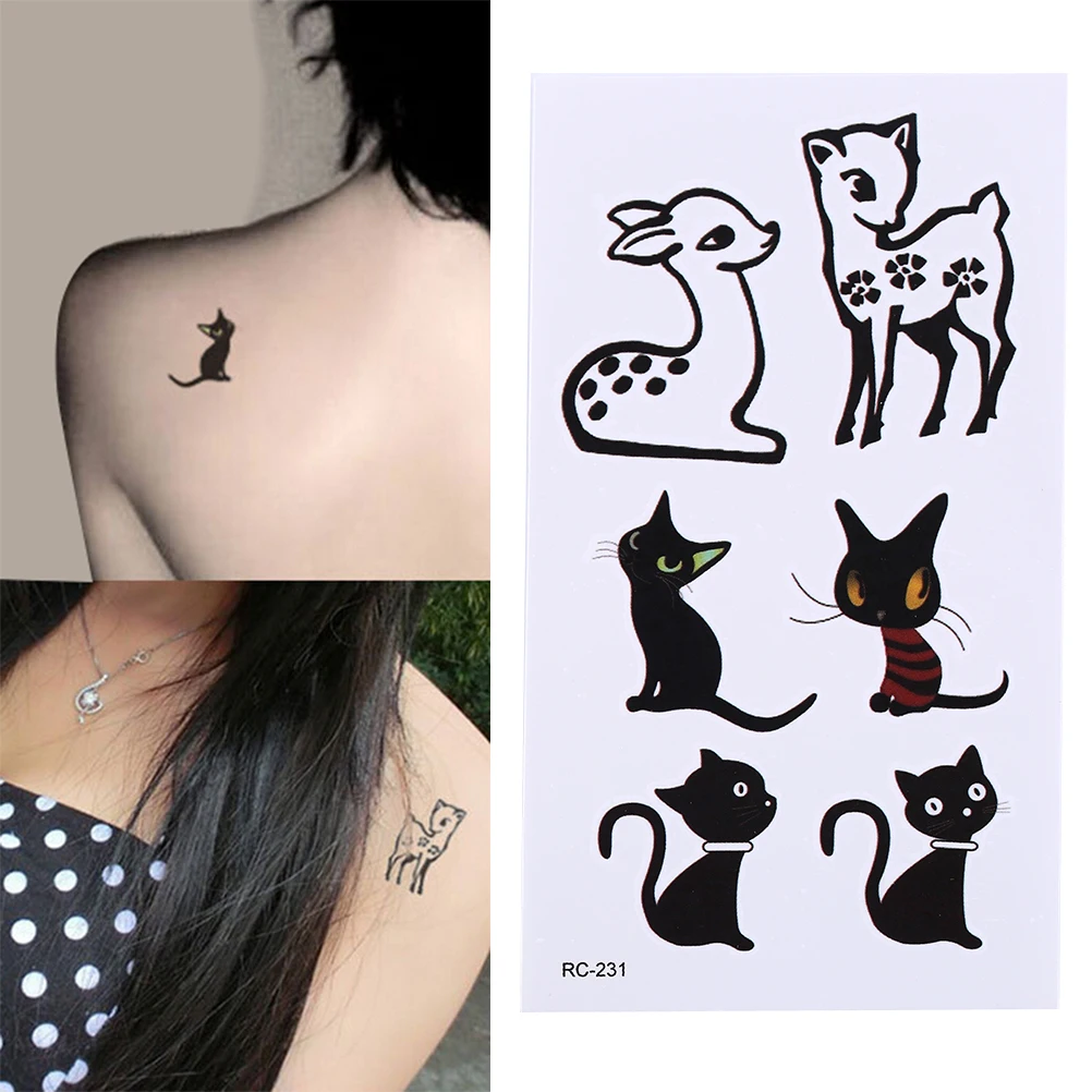 1 Sheet Black Animal Cat Deer Glitter Tattoo Sticker Waterproof