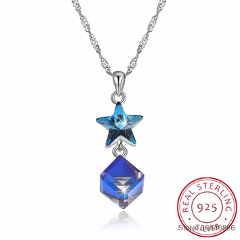 

SMTCAT Crystals From Blue Star Cube Pendants Necklaces Fashion Real S925 Silver Chain Collares For Women Party Wedding