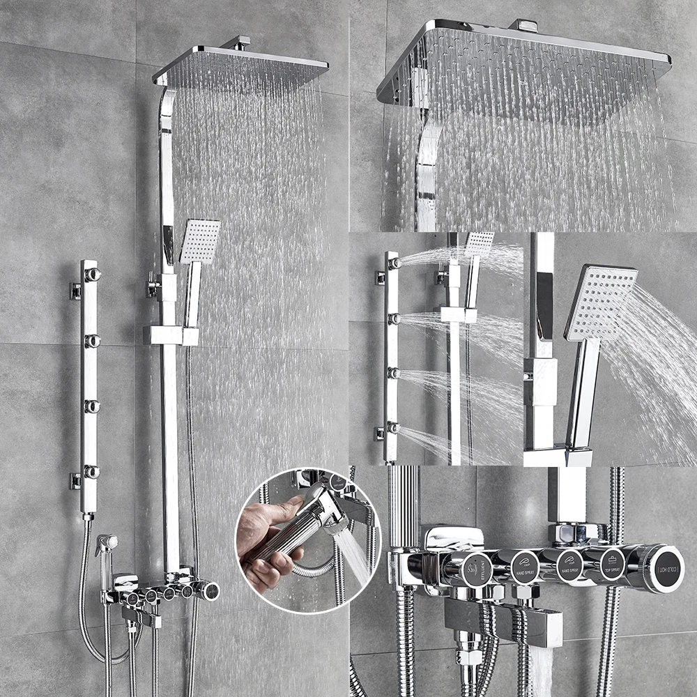 

Luxury Chrome Shower Faucet Set 5-Function Switch Wall Mount Rain Shower Head With Hand Shower Bathtub Spout Bidet Tap