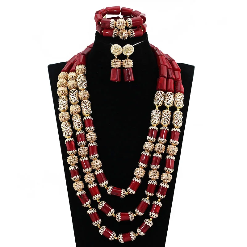 

Nigerian Wedding Gold Statement Necklace Set Fabulous Wine Red African Coral Beads Bridal Jewelry Set Dubai Free Shipping ABH523