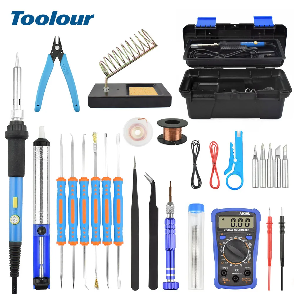 

Toolour 15 in 1 US/EU 60W Switch Adjustable Temp Electric Soldering Iron Kit Welding Tool Set Digital Multimeter with Toolbox