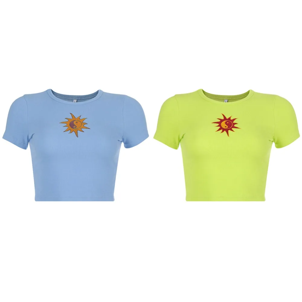 الأزياء مضلع النيون الأخضر الصيف t قميص قصير كم الشمس التطريز المحاصيل القمم تي شيرت للنساء النيون أعلى المحملات عارضة