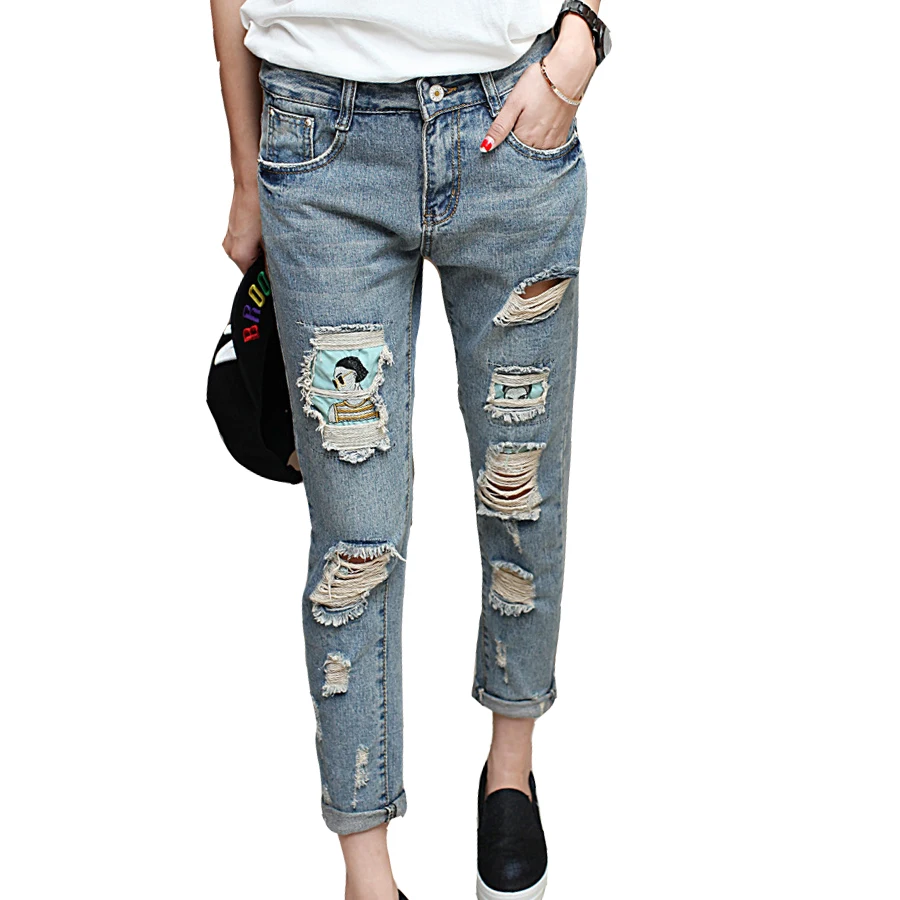 Ripped Hole Patchwork Jeans Full Length Washed Light Color Good Quality ...