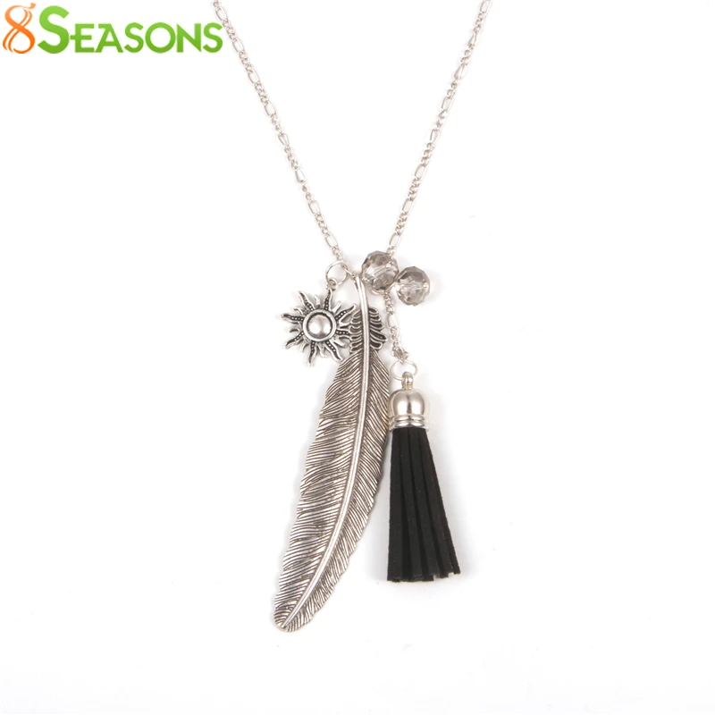 

8SEASONS "Freedom" Fashion Tassel Pendant Necklace Feather Necklace Link Chain Dull Silver Color 73cm(28 6/8")long Black 1 Piece