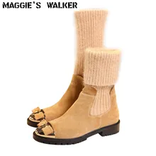 Maggie's Walker/женские модные высокие сапоги из натуральной кожи; женские яркие цветное вязаное зимние сапоги; Размеры 35-42