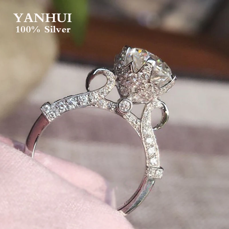 YANHUI настоящие хорошие драгоценности Косынка 6 мм CZ кольцо с бриллиантом 925 пробы серебряные обручальные кольца для Для женщин Размеры us4, 5, 6, 7, 8, 9, 10, ZSJ2902