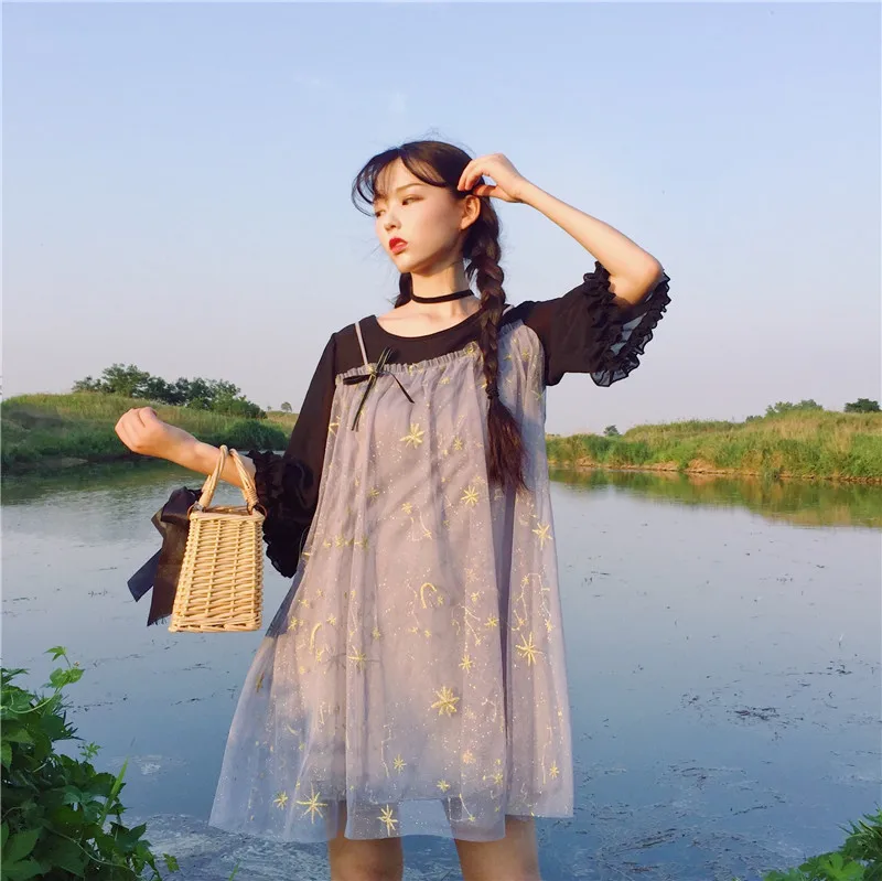 Для женщин платья для Японии Kawaii Ulzzang шифон шить сетки Ложные два платье женский