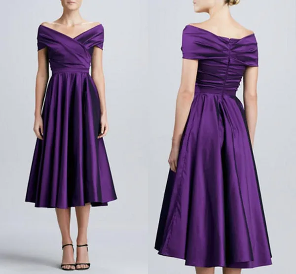 Purple Tea Length Mother of the Bride Dresses with Short Sleeves 2016 Off Shoulder Plus Size Long Women Formal Party Dresses For Wedding