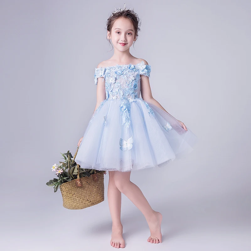 blue shoulderless dress