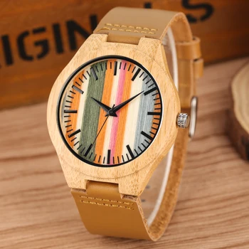 

Casual Quartz Bamboo Watch for Men Practical Brown Leather Bamboo Watches Unique Stripes Colorful Case Wooden Wristwatch