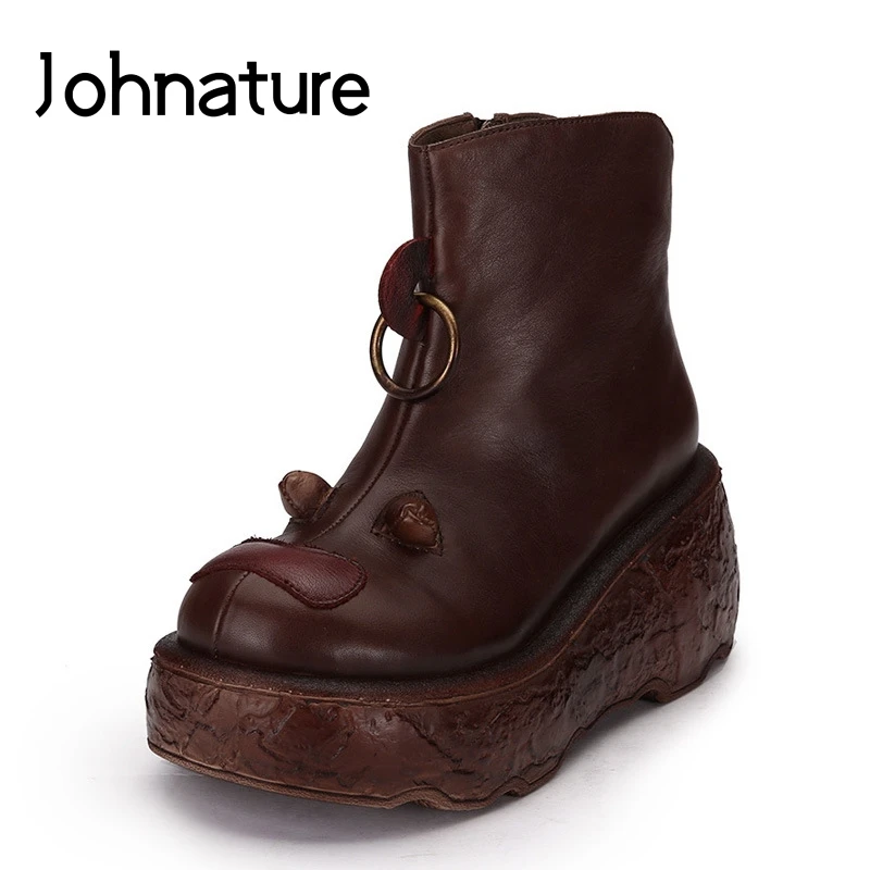

Johnature 2019 New Winter Retro Genuine Leather Round Toe Zipper Wedges Comfortable Casual Wedge Women Ankle Boots High Heel