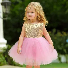 Новая модная летняя одежда для маленьких девочек Золотое и розовое сердце, открытая спина, вечерние платье-пачка с блёстками