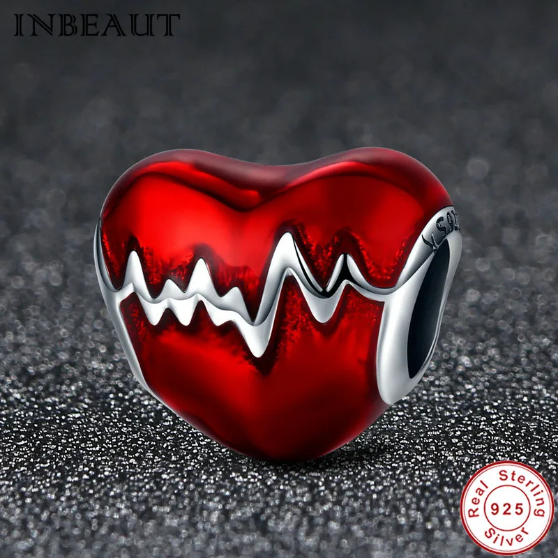 

INBEAUT Red Love Heart-beaten Charm for Bracelets 925 Sterling Silver Heart-shaped Enamel Chain Beads fit Pandora Bracelet