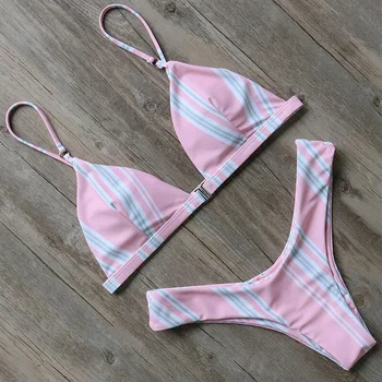 

high cut swimsuit women sexy push up bikini striped bikini set halter bandage swimwear padded bathing suit women's swimming suit