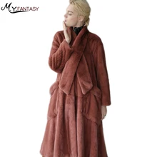 M.Y.FANSTY Imported coats women fur coat Fashion Velvet mink Silver Blue Cross mink V Collar Scarf fur coat mink fur coat