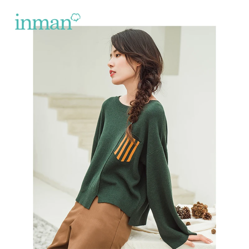 

INMAN Winter New Arrival Female Loose Literary Off The Shoulder Short Section Women Pullover Sweater