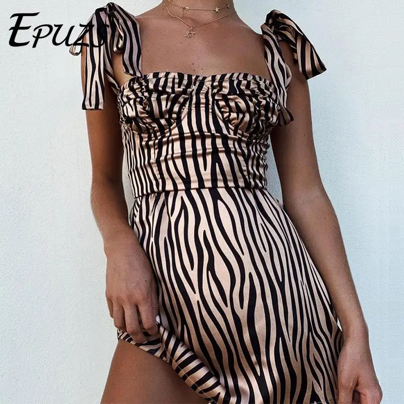 

Summer dress 2019 Vintage Zebra Print bodycon Sexy Dress women bow Spaghetti Strap beach mini dress Casual party Vestidos