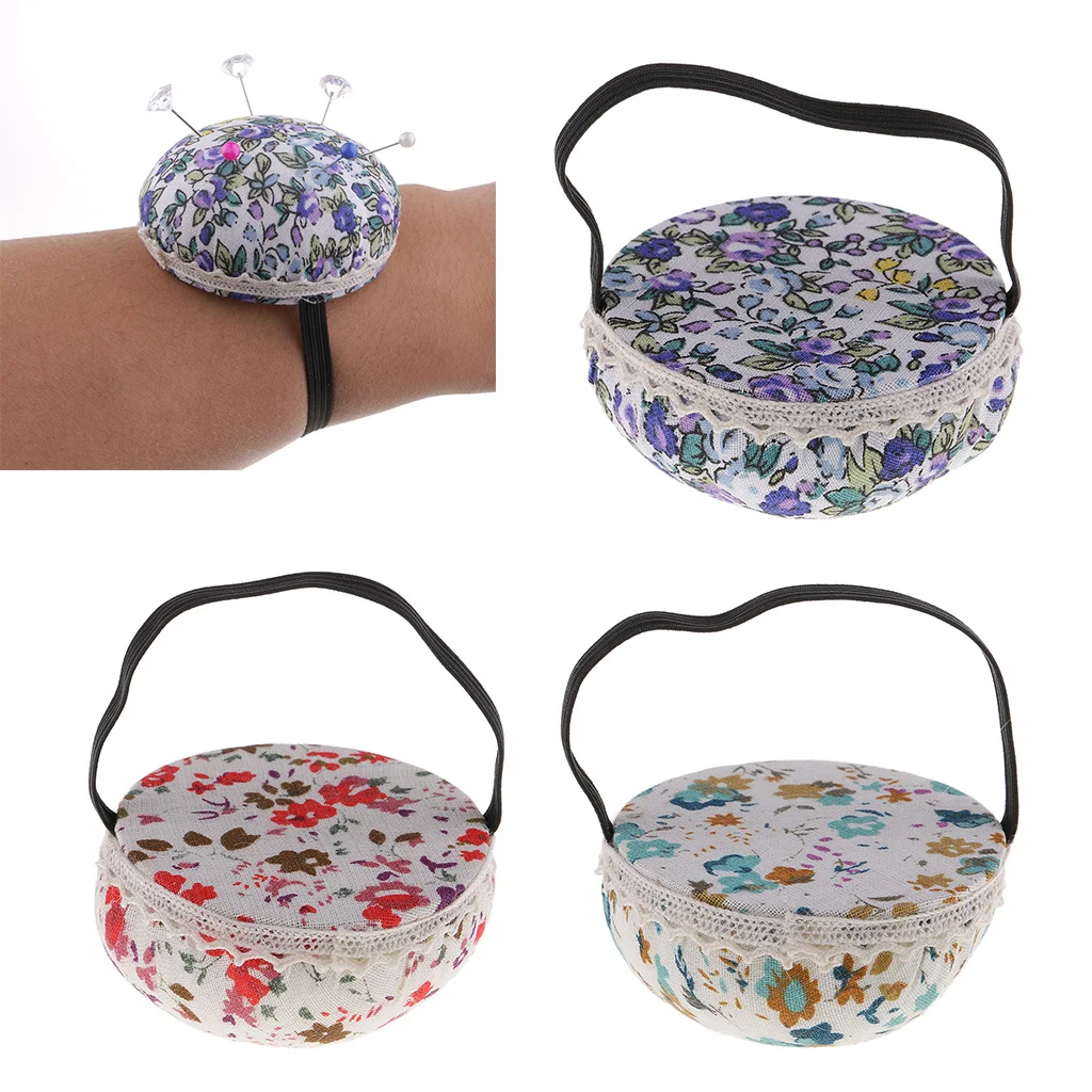 Ball Shape Sewing Pin Cushion Printed Flower Patterns Wrist Wearable Pincushion for Cross Stitch Quilting Needlework Sewing Tool