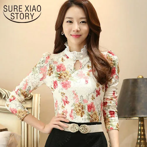 

New 2017 fashion Autumn Plus size ladies lace shirts Floral blouse Casual Print Lace Tops Elegant Women flower clothing